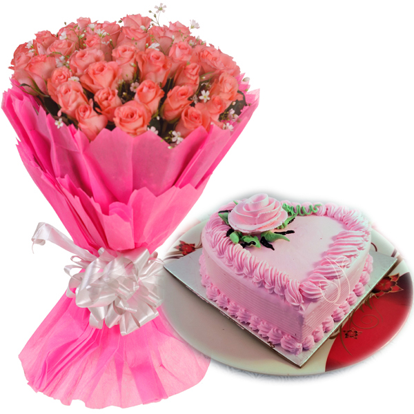 Pink Roses & HeartShape Strawberry Cake delivery in Udupi