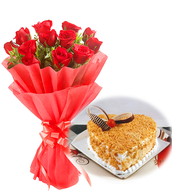 Red Roses & Heart Shape Butter Scotch Cake delivery in Banaras