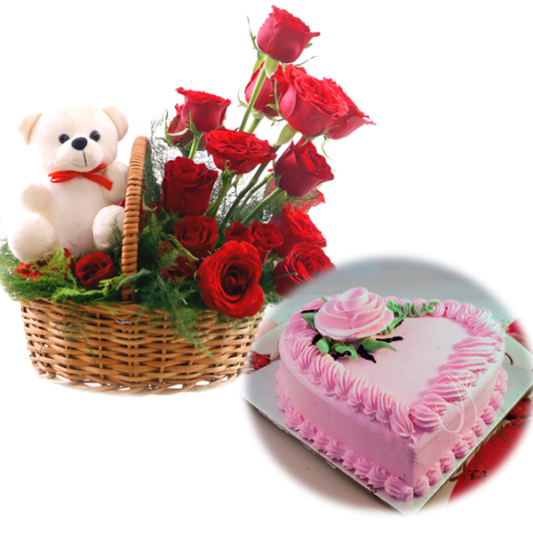 Rose Basket & Heartshape Strawberry Cake delivery in Ranchi