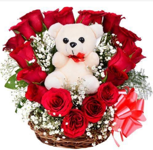 Basket of 20 Red Roses with Teddy Beardelivery in Lucknow