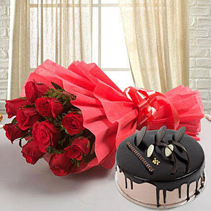 Bunch of 10 Red Roses in Red Paper Packing & 1/2Kg Chocolate Cake