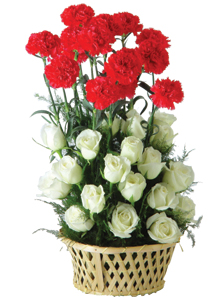 Arrangement of 20 white roses and 10 red Carnation