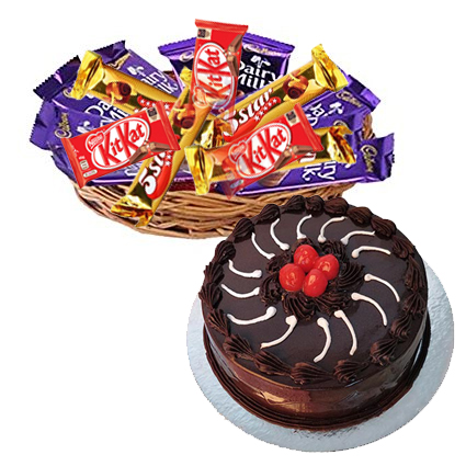 Basket of 12 Mix Chocolates with 1/2kg Truffle Cake delivery in Delhi