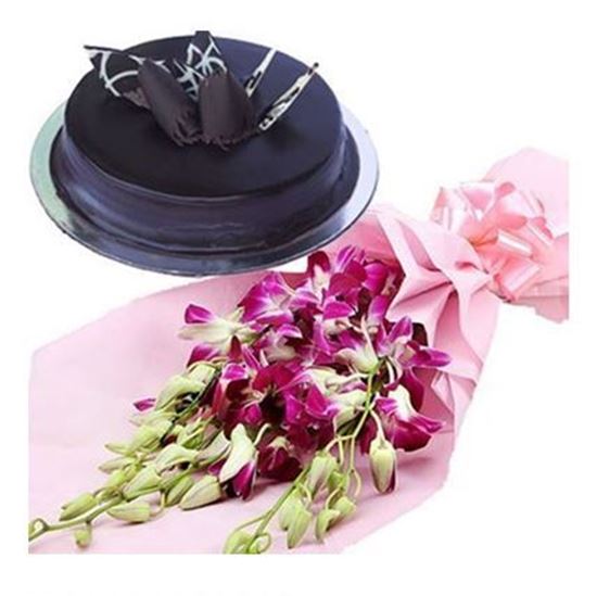 6 Orchids Bunch with 1/2kg Truffle Cake delivery in Udupi
