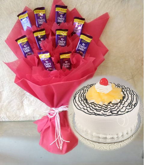 Flowers Delivery in GhaziabadDairy Milk Chocolate Bouquet & Pineapple Cake