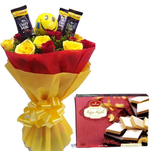 Flowers Delivery in Ahmedabad Roses & Chocolate Bunch & 1/2Kg Kaju Burfi Box 