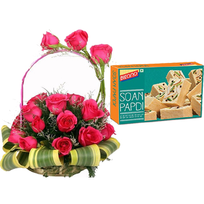 Flowers Delivery in AjmerRound Basket of Pink Roses & 500Gm Soan Papdi