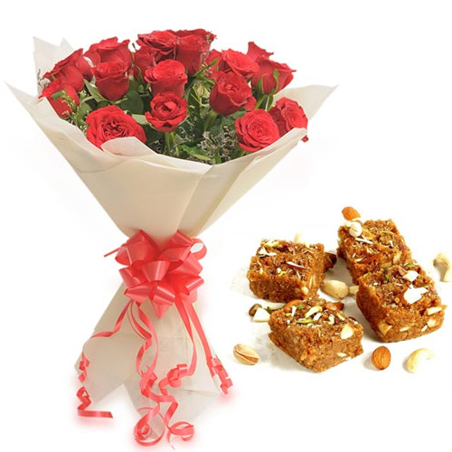 Flowers Delivery in ManipalRoses Bunch & 500Gm Doda Burfi