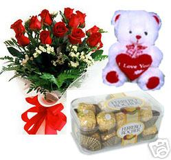 A bunch of 15 roses with 16pc Ferrero Rocher Chocolate and a cute Teddy