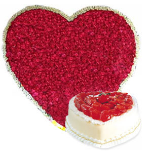 Heart Shape arrangement of 200 Roses and 1kg Cake