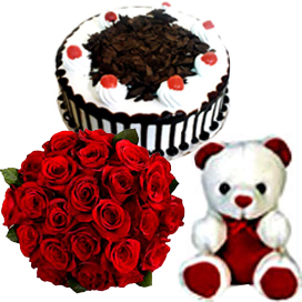 15 Roses with 1kg Cake and small teddy